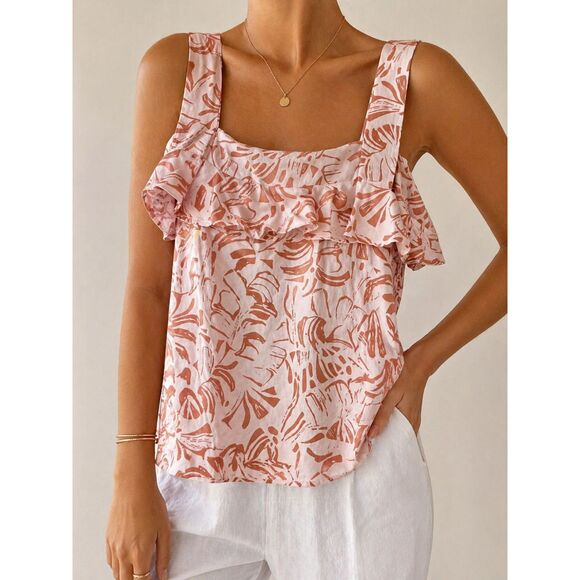 Nine West Tops - Nine West XL Ruffle Strap Tank Top Pink & Terracotta Abstract Print Flowy Summer